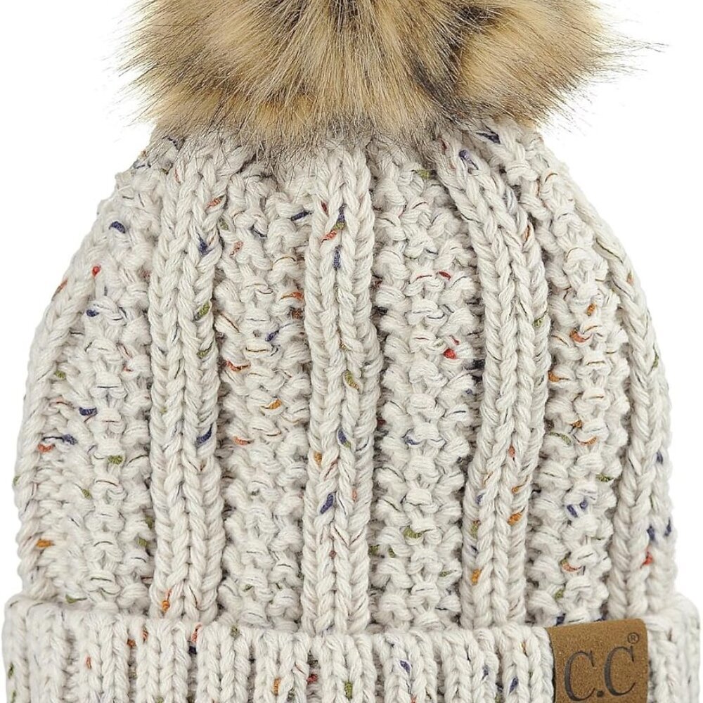 Thick Cable Knit Faux Fuzzy Fur Pom Fleece Lined Skull Cap Cuff Beanie